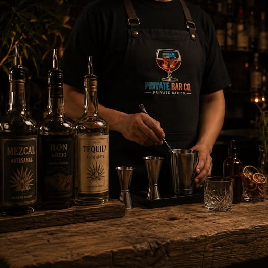 Bartender profesional de Private Bar Co. preparando un cóctel de autor con mezcal, tequila y ron añejo